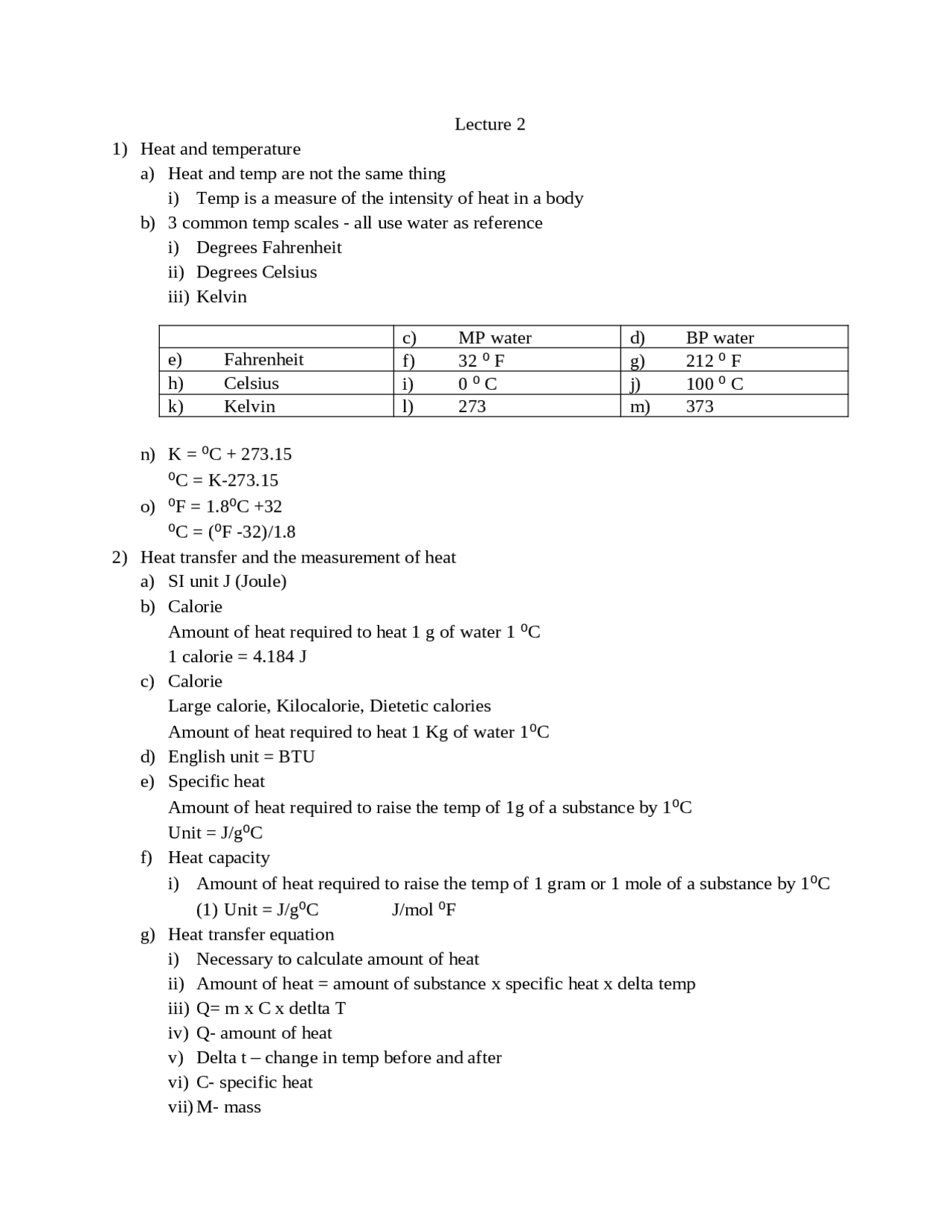 Freshman Chemistry I - Heat and Temperature - Notes | CHEM 1211 - Docsity