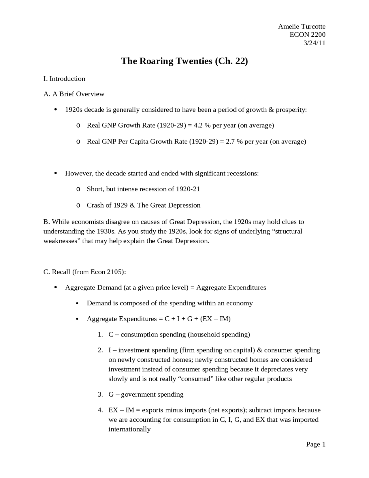 Notes on Introduction to The Roaring Twenties | ECON 2200 - Docsity