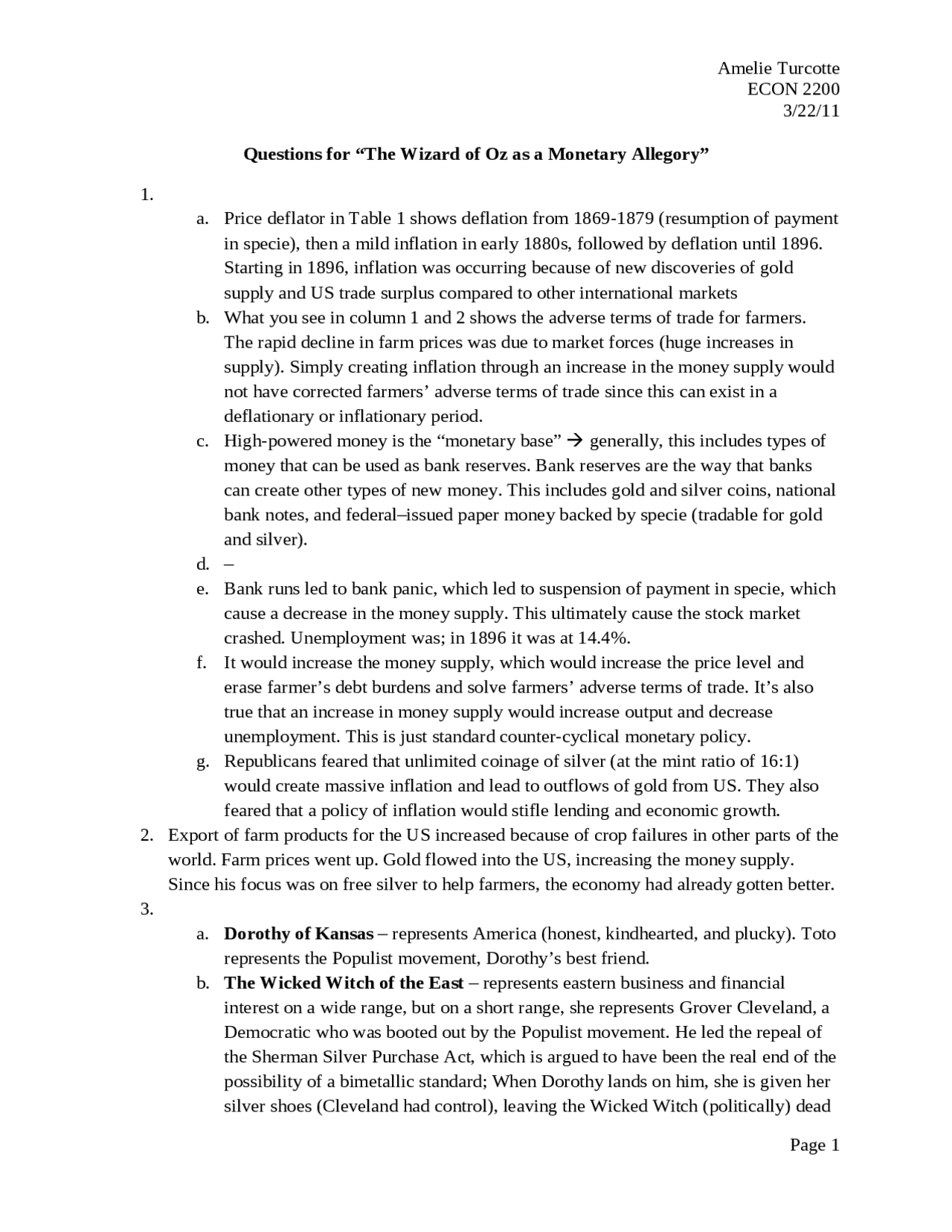 Questions for The Wizard of Oz Allegory Article Notes ECON 2200