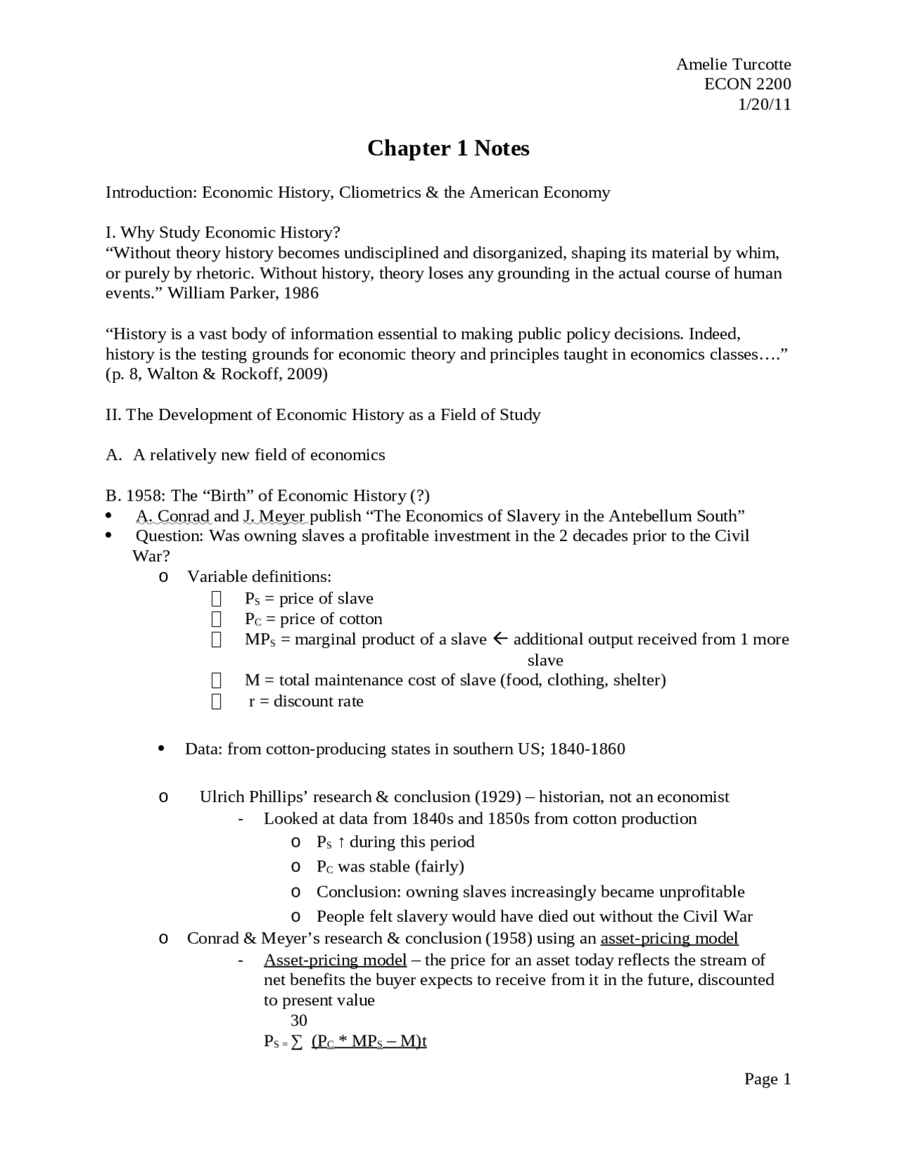 Economic History, Cliometrics and the American Economy ECON 2200