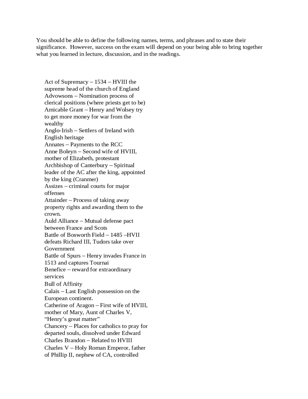 Terms and Definitions of Act of the Supremacy - Midterm 1 | HISTORY 361 ...