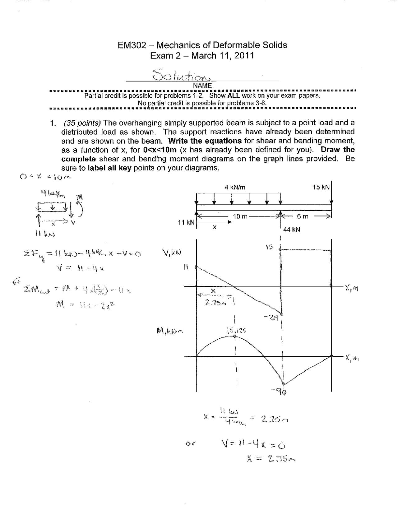 Exam 2 with Solutions - Mechanisms of Deformable Solids | EM 302 - Docsity
