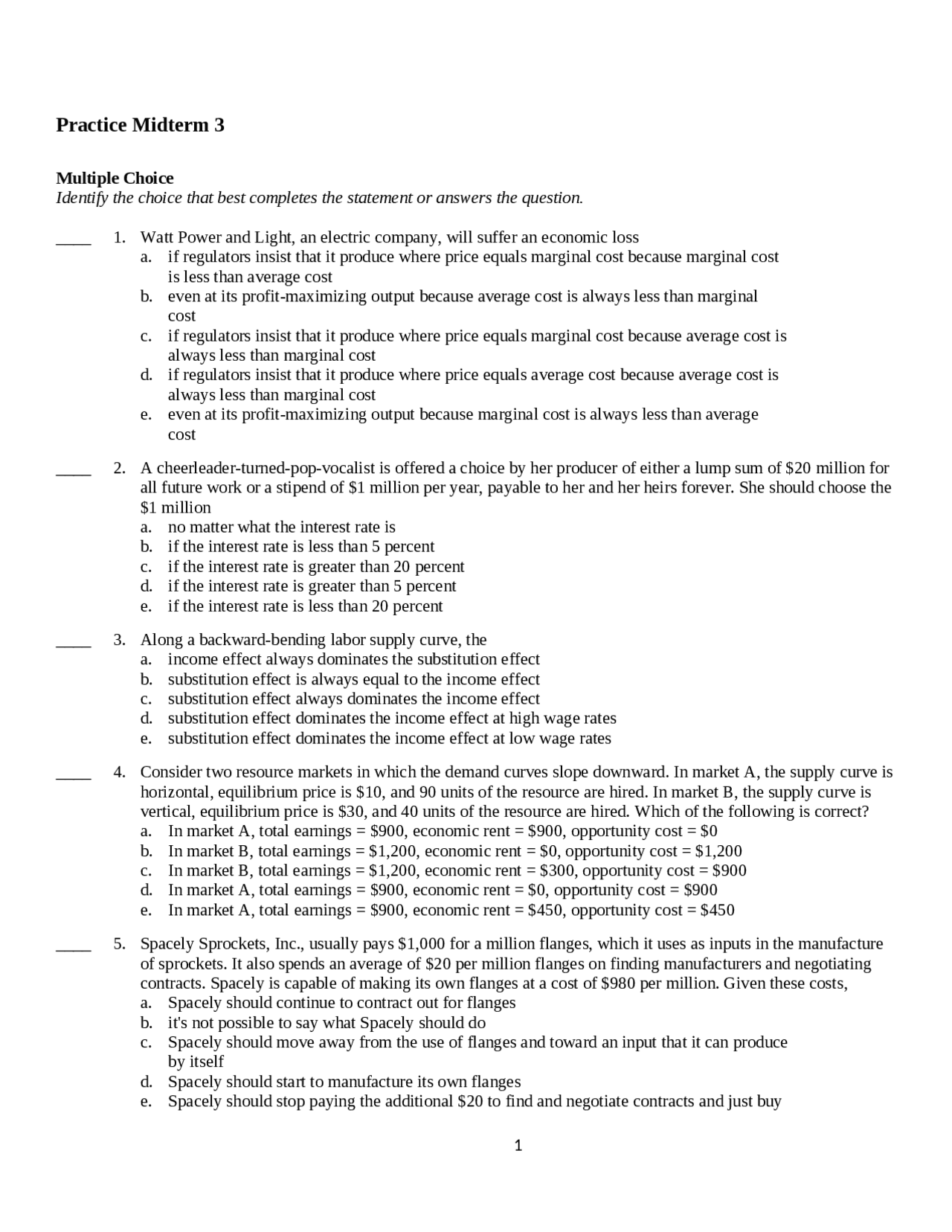20 Questions on Practice Midterm Exam 3 - Principles of Economics ...