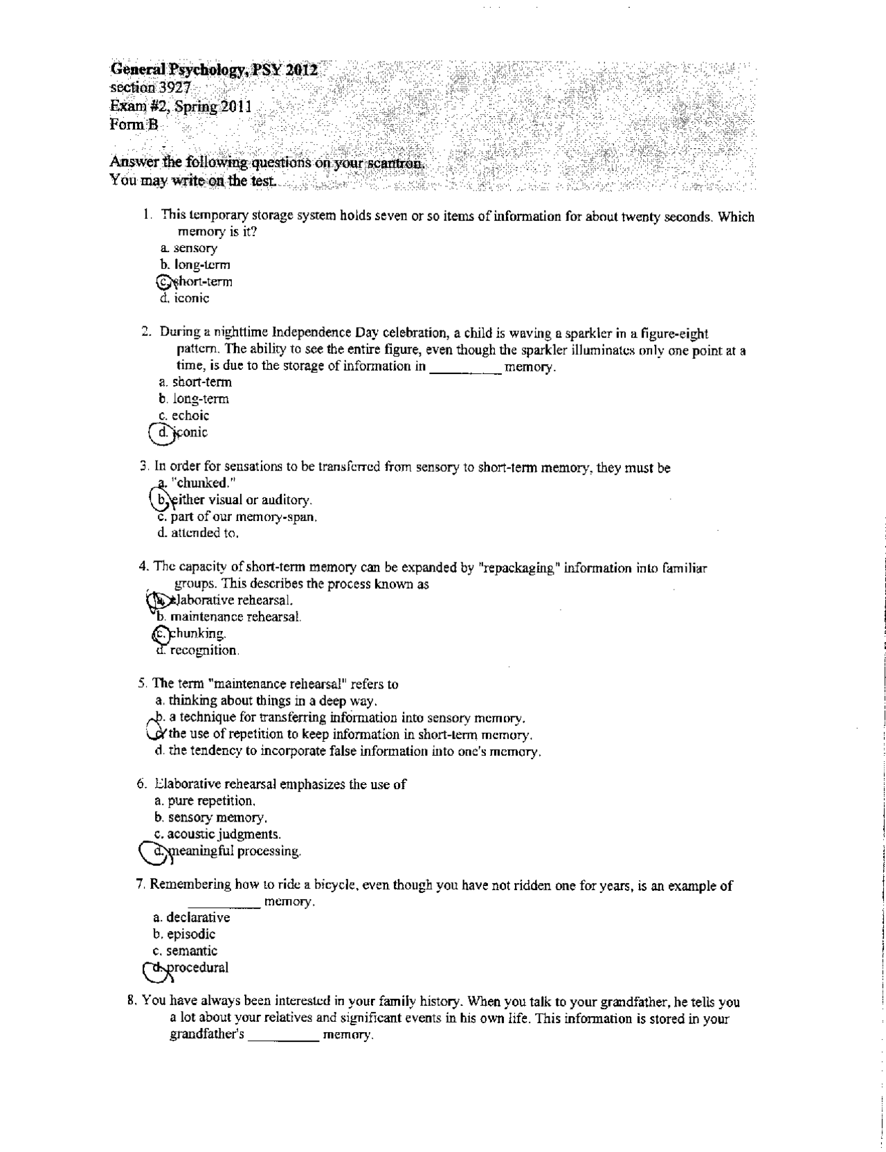 Exam 2 Form B Solutions - General Psychology - Spring 2011 | PSY 2012 ...