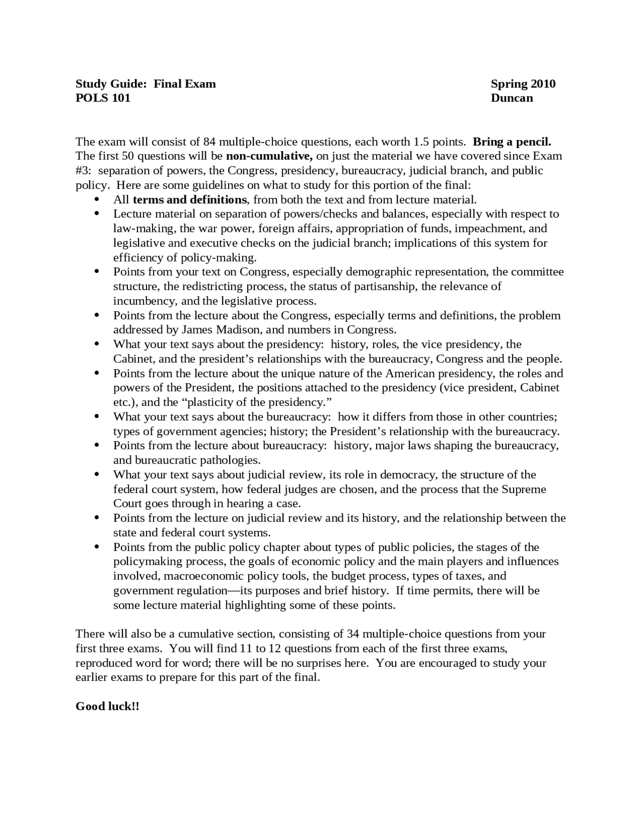 Final Exam Study Guide - American Government and Politics | POLS 101 ...