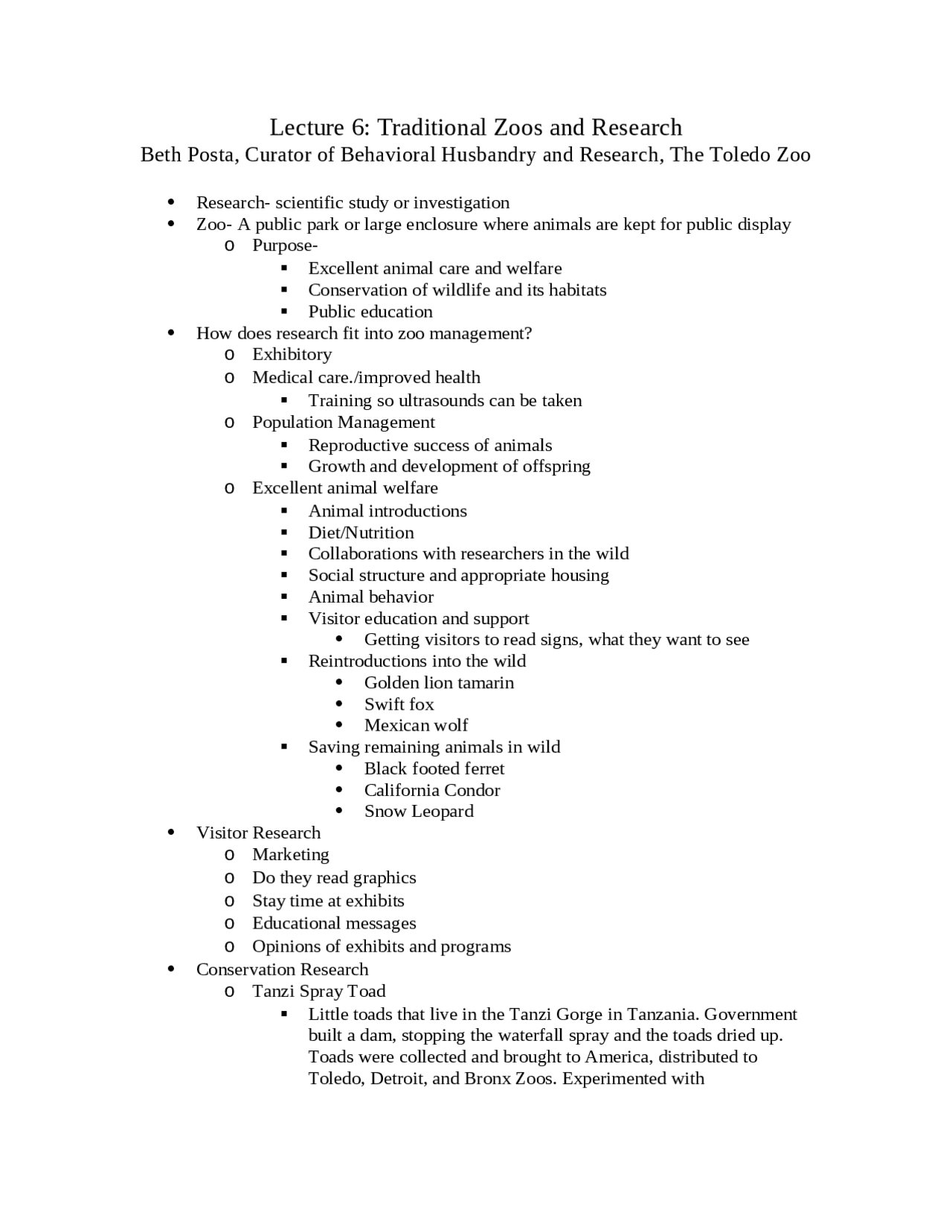 Traditional Zoos and Research Introduction to Zoo and Aquarium