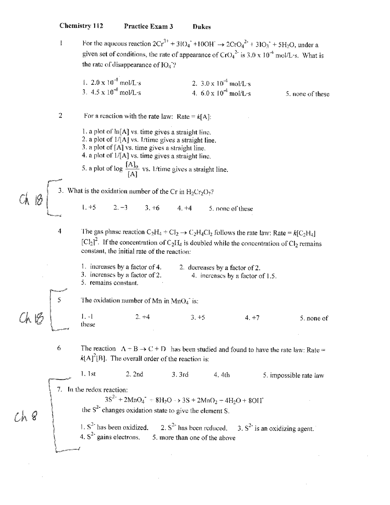 General Chemistry - Practice Exam 3 | CHEM 112 - Docsity