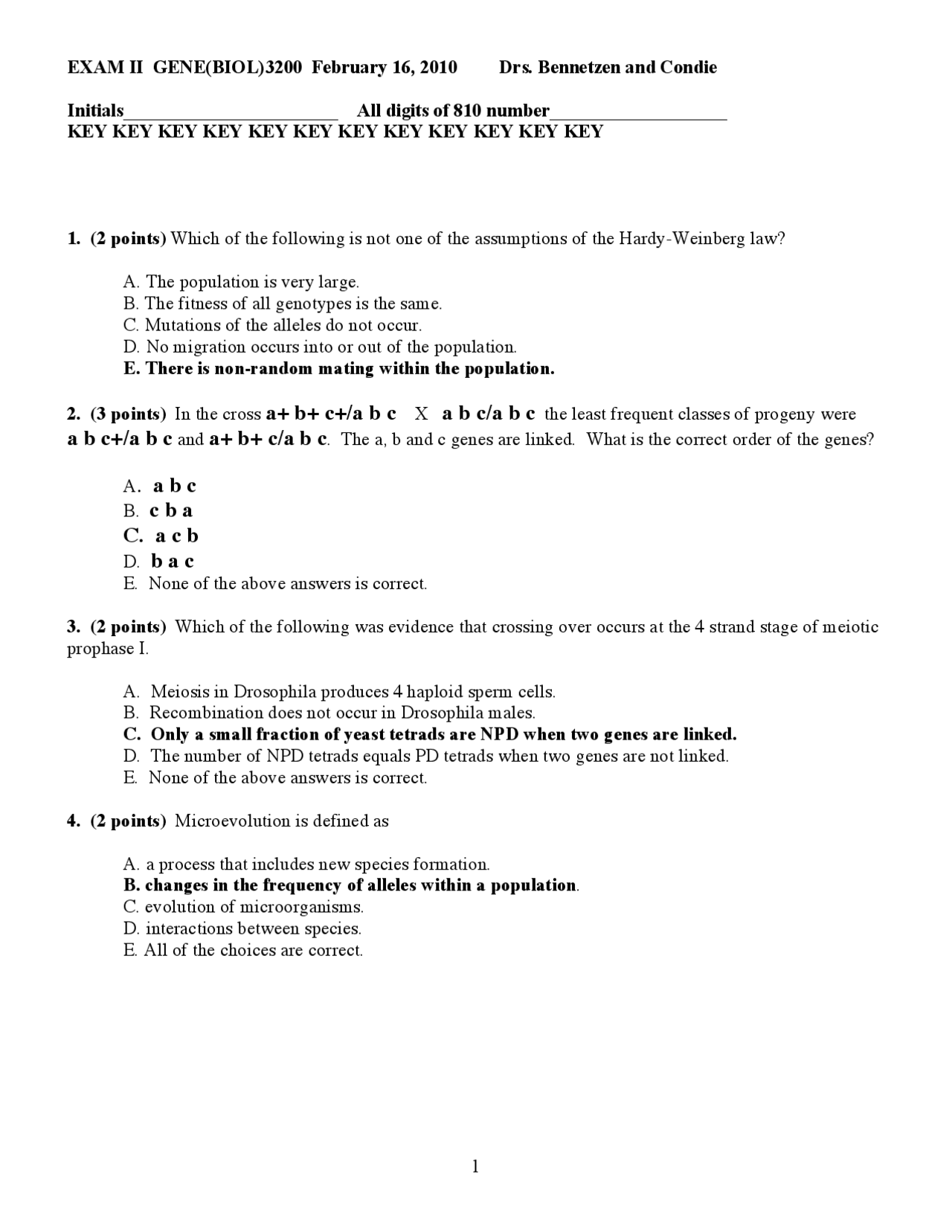 Genetics Test Answer Key Genetics Exam with Answer Key 2010 | GENE 3200 - Docsity