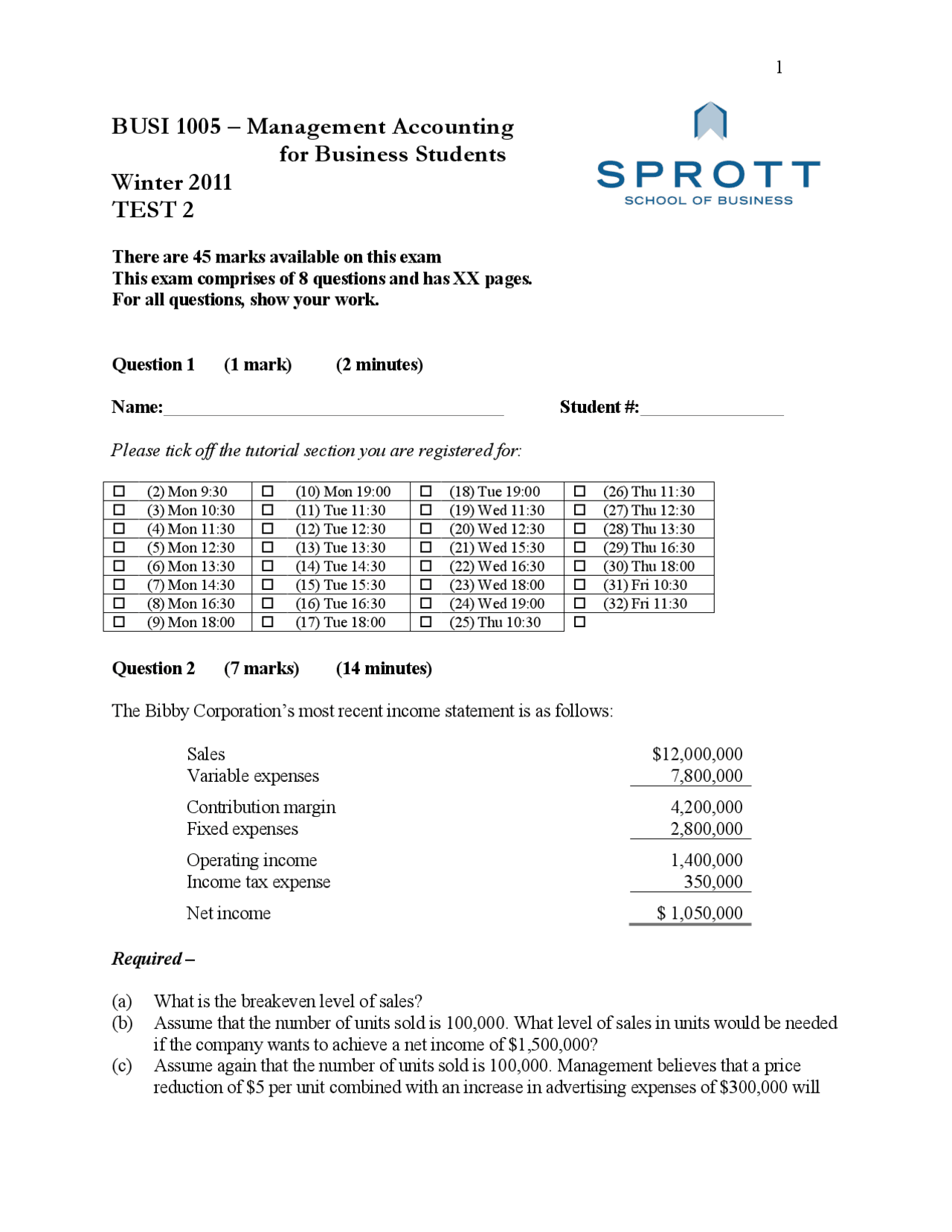 Test 2 Questions - Managerial Accounting for Business Students | - Docsity