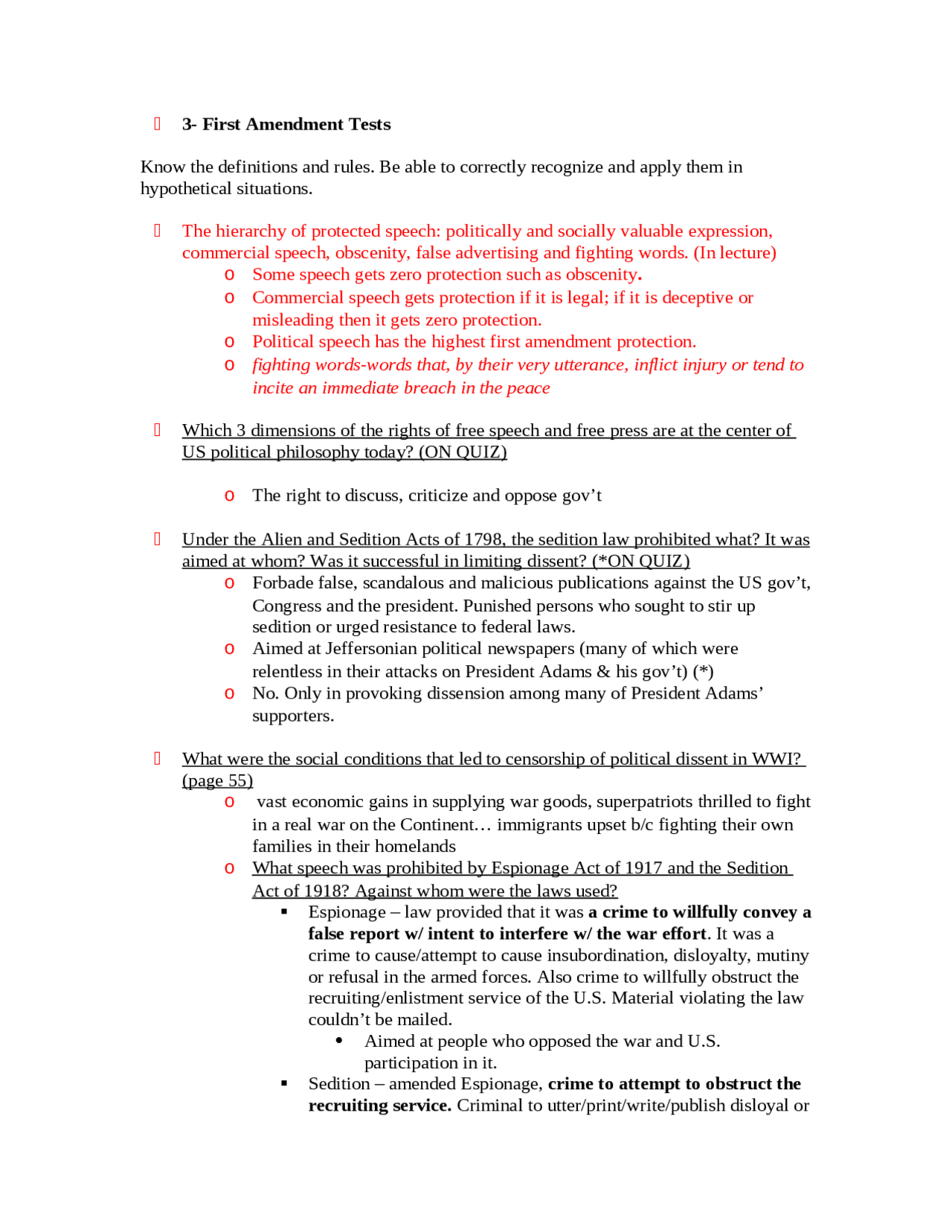 Exploring The First Amendment Tutorial Certificate.pdf Media and Law: 3-First Amendment Tests - Study Guide | MC 4163 - Docsity