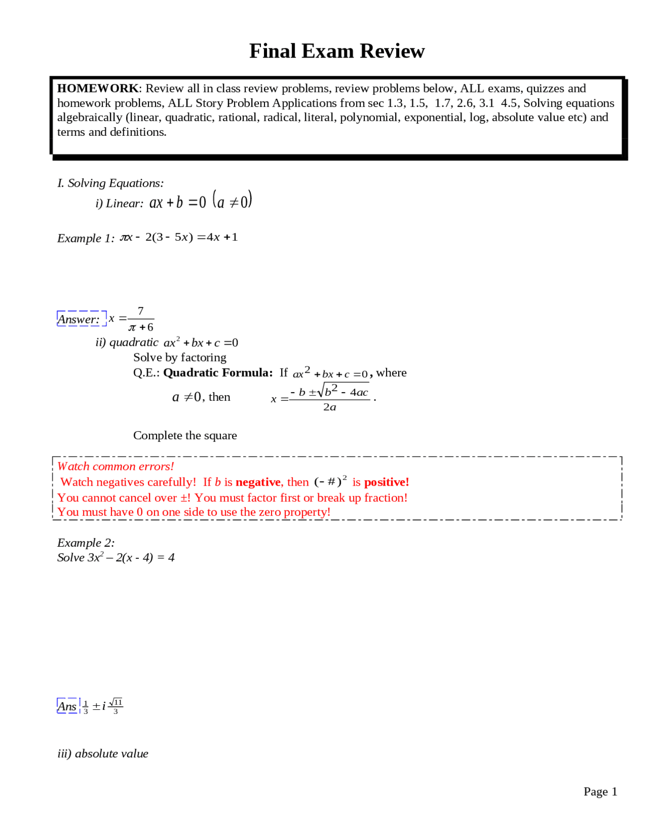 Study Guide for Exam - College Algebra | MTH 103 | Study notes Algebra ...