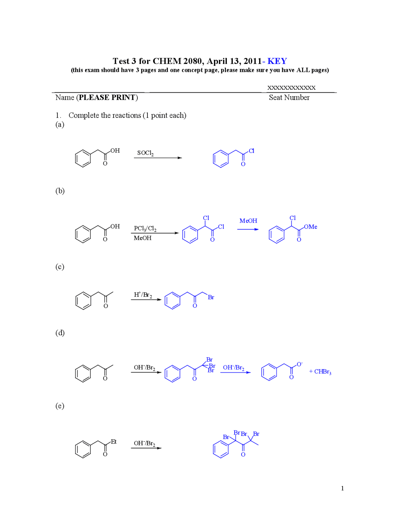 Answer Key for Test 3 | Organic Chemistry II | CHEM 2080 | Exams ...