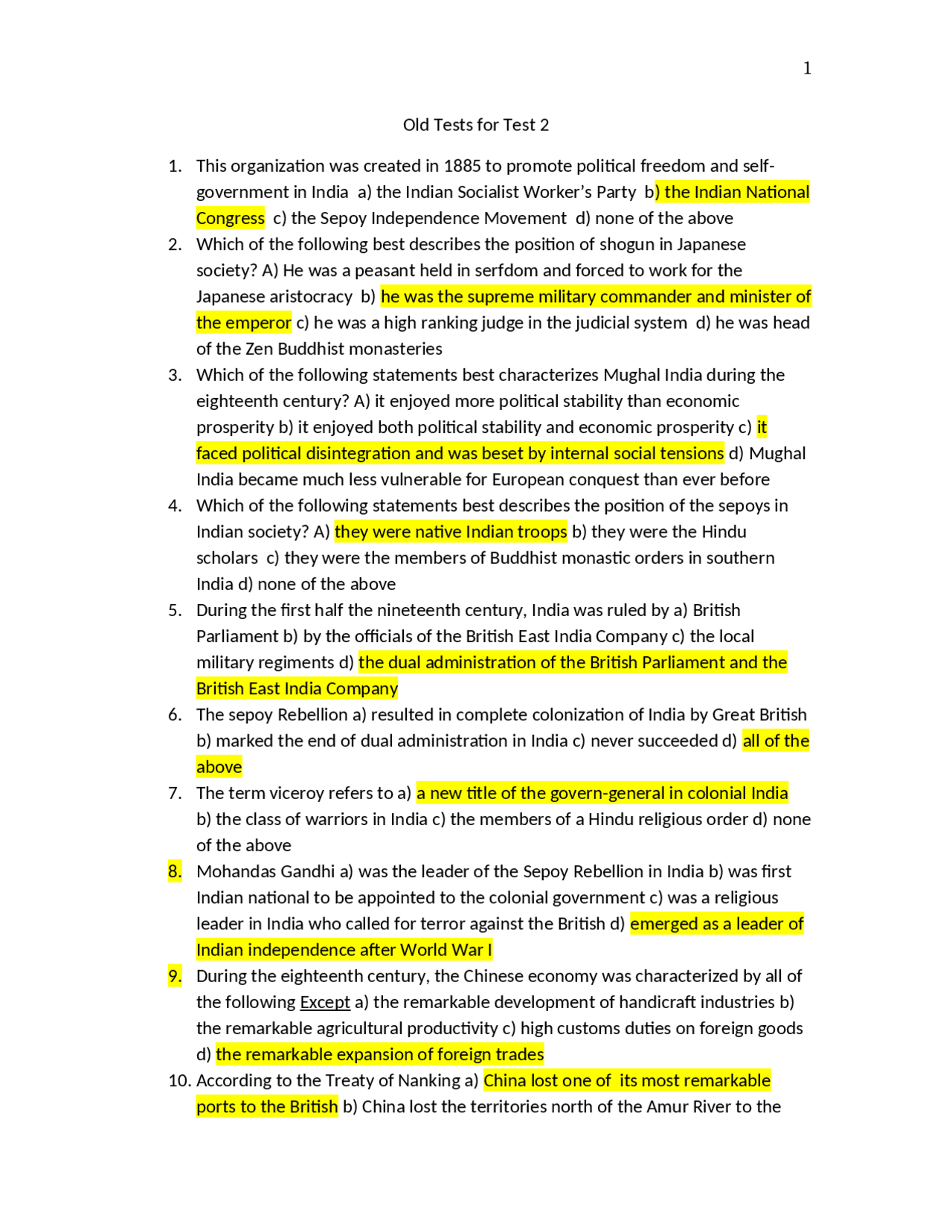 World History II Quiz: 68 Questions with Answers | HIST 1020 - Docsity