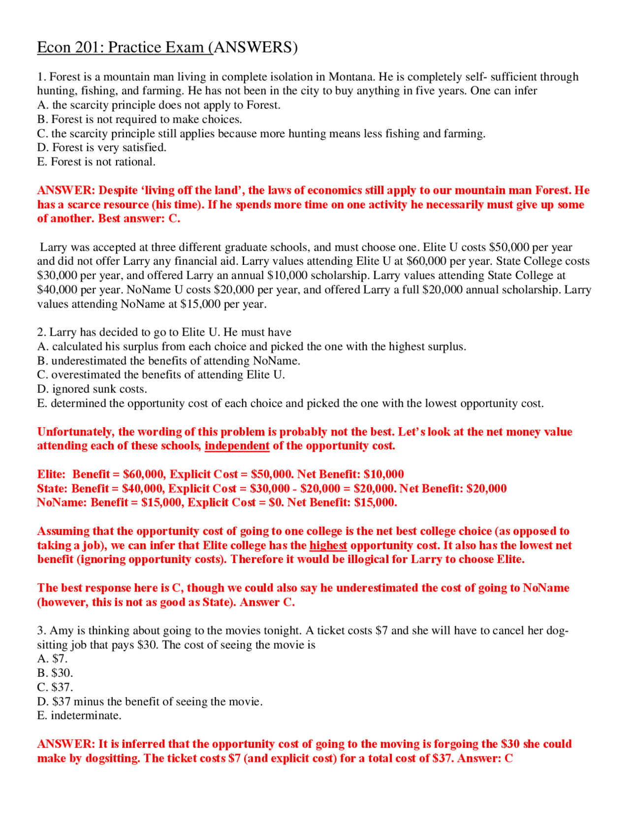 Practice Exam with Answer key - Principles of Microeconomics | ECON 201 ...