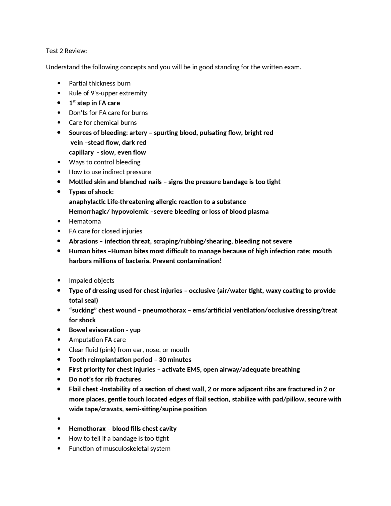 Exam 2 Study Guide First Aid and Personal Safety KIN 125 Docsity