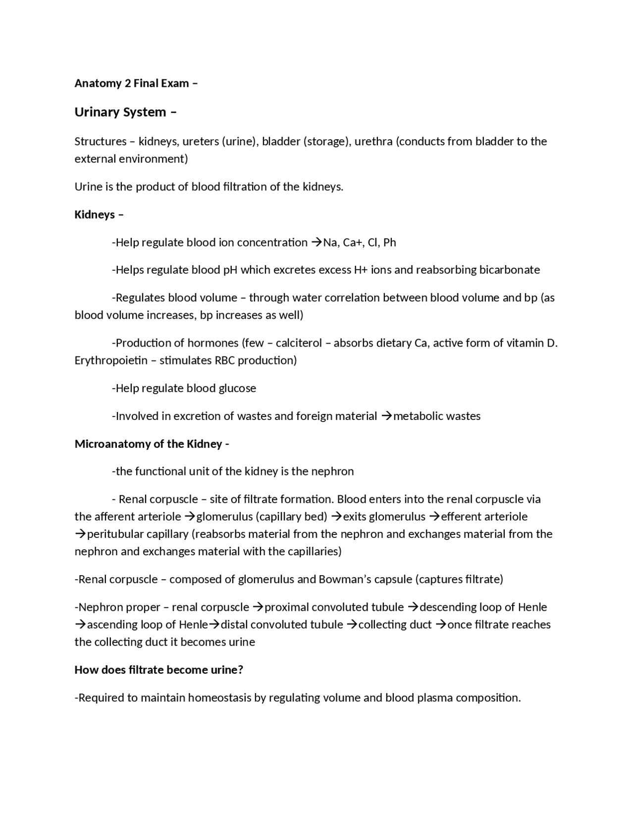 Notes on Urinary System - Anatomy and Physics II - Final Exam | BS 114 ...