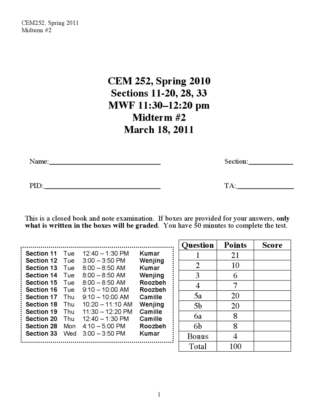 Organic Chemistry II - Exam 2 Questions - Fall 2009 | CEM 252 - Docsity