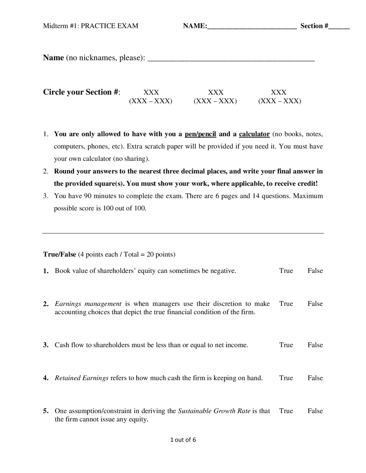 Midterm 1 Practice Exam | Financial Management | MGMT 31000 - Docsity