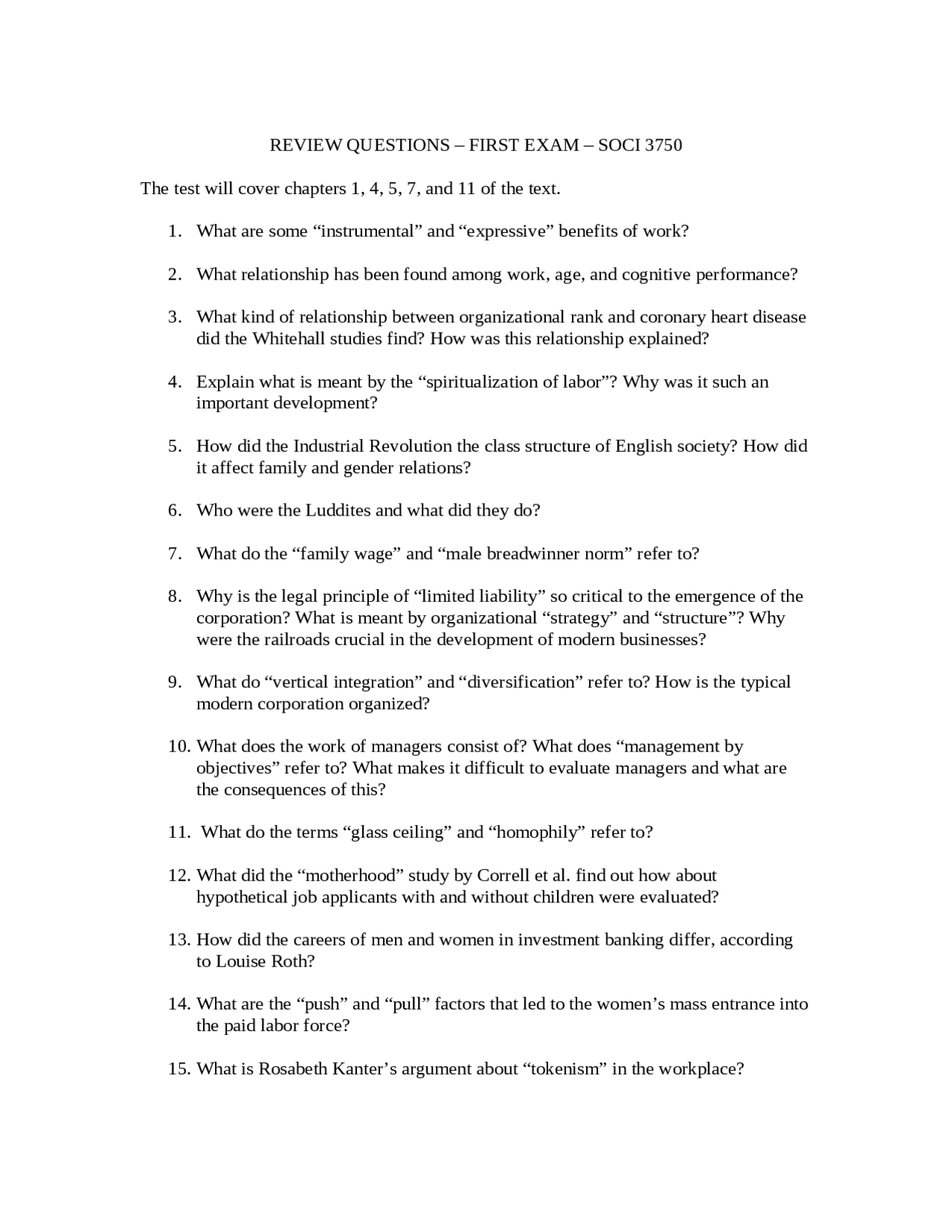 Review Questions for Exam 1 - Sociology of Work and Industry | SOCI ...