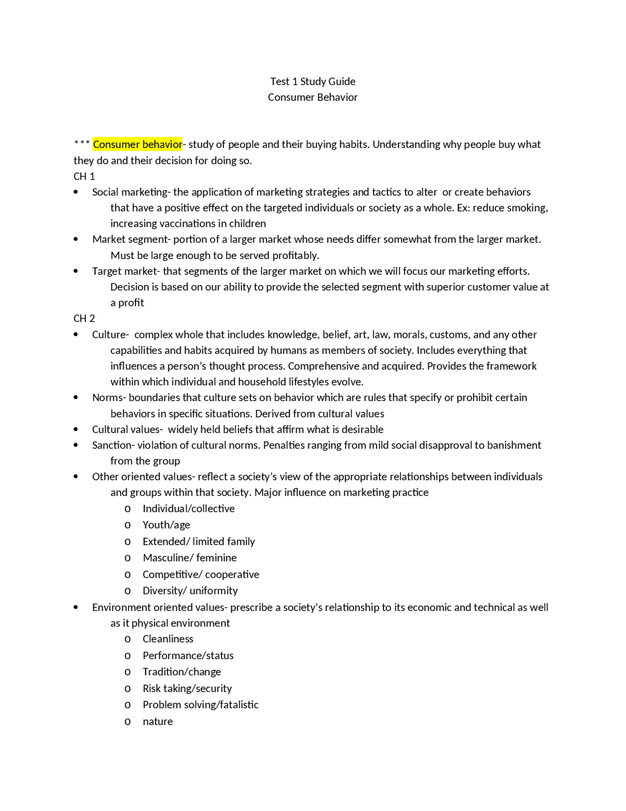 Test 1 Study Guide - Consumer Behaviour | MKTG 4150 - Docsity