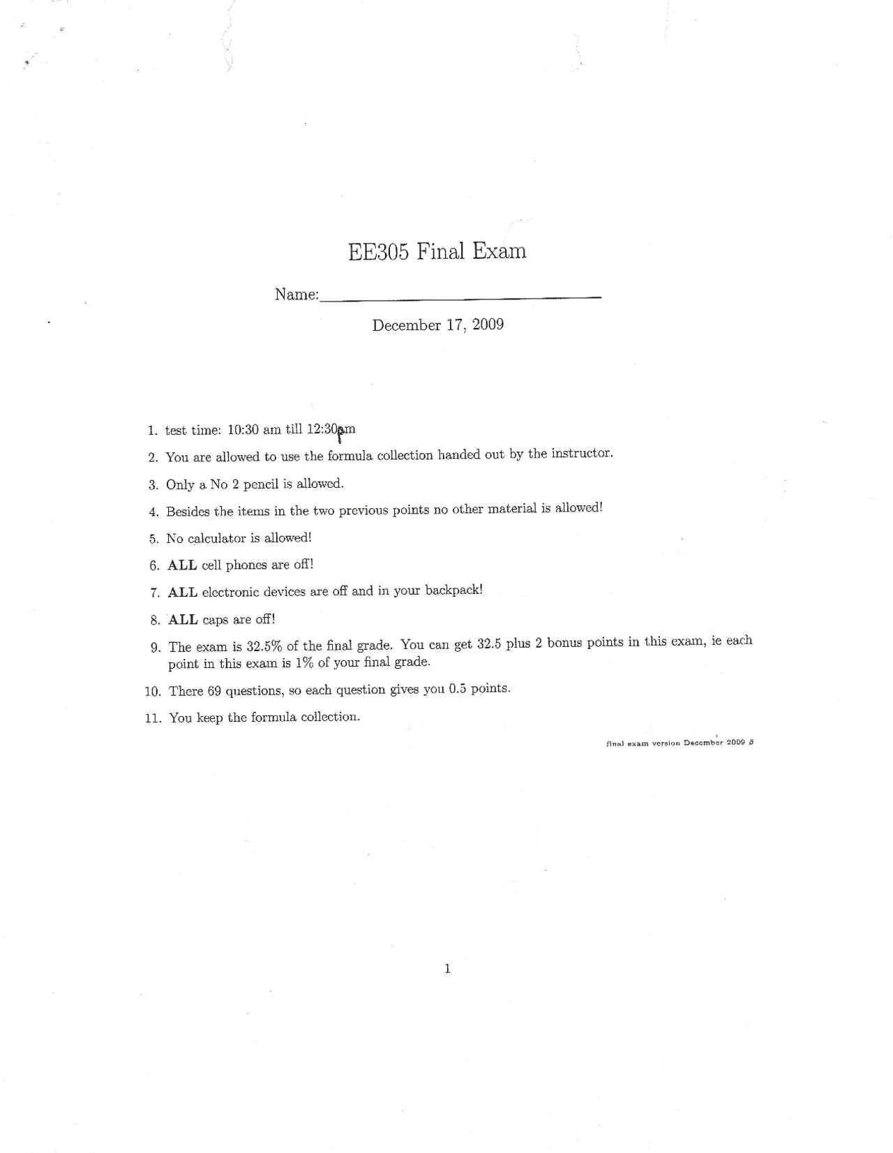 Electric Circuits and Electron - Final Exam - Fall 2009 | EE 305 ...