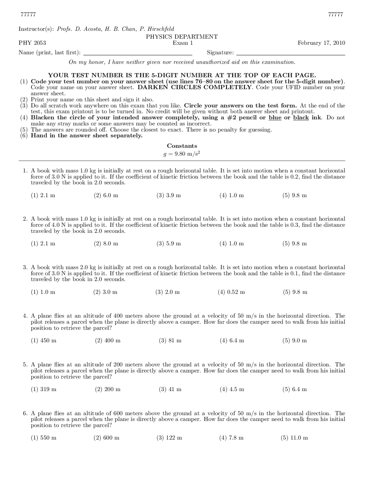 PHY 2053 Exam 1 - Physics - Prof. Hobun Chan | Exams Physics | Docsity