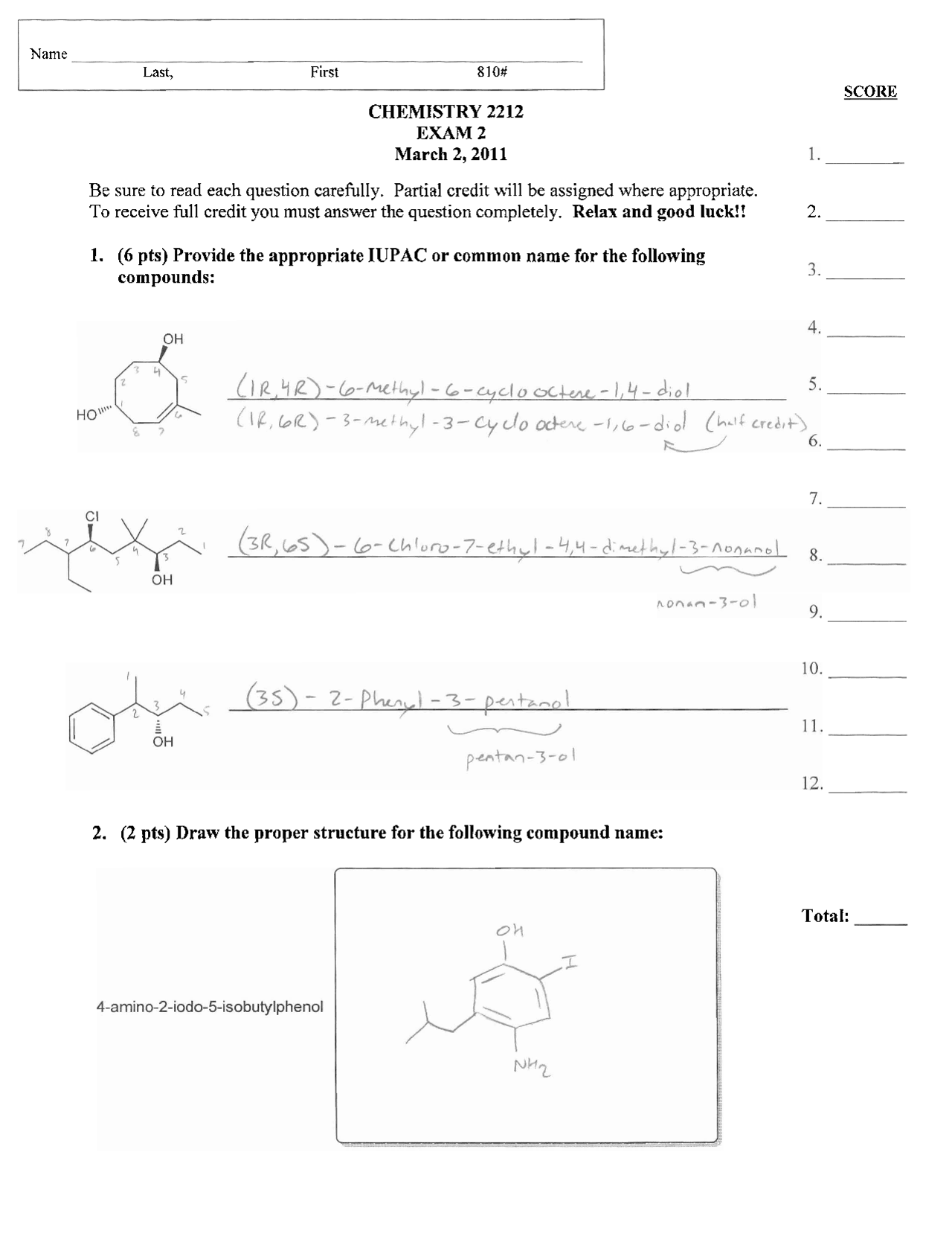 Exam 2 with Answers - Modern Organic Chemistry II | CHEM 2212 - Docsity