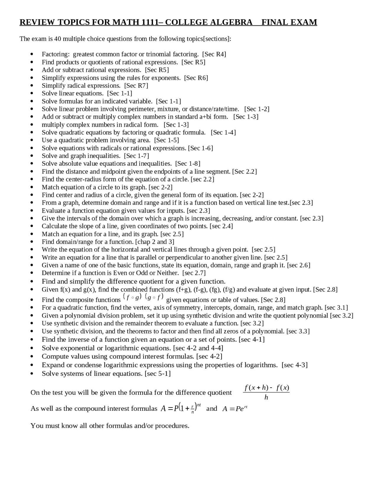 College Math 1111 Final Exam Review - College Algebra | MATH 1111 - Docsity