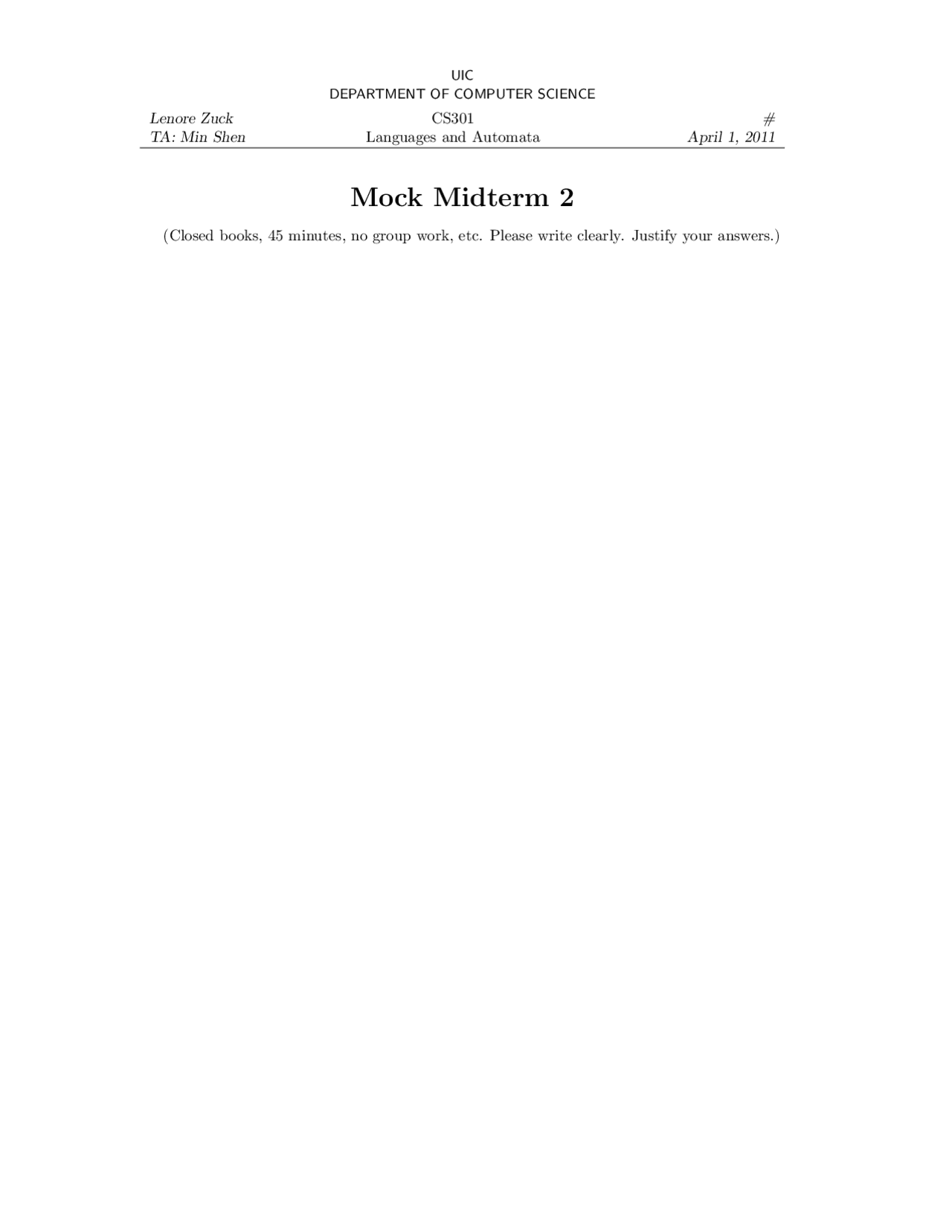 midterm cs306 - introduction to python | pdf |... Midterm 2 - Computer Science - Languages and Automata | CS 301 | Exams ...