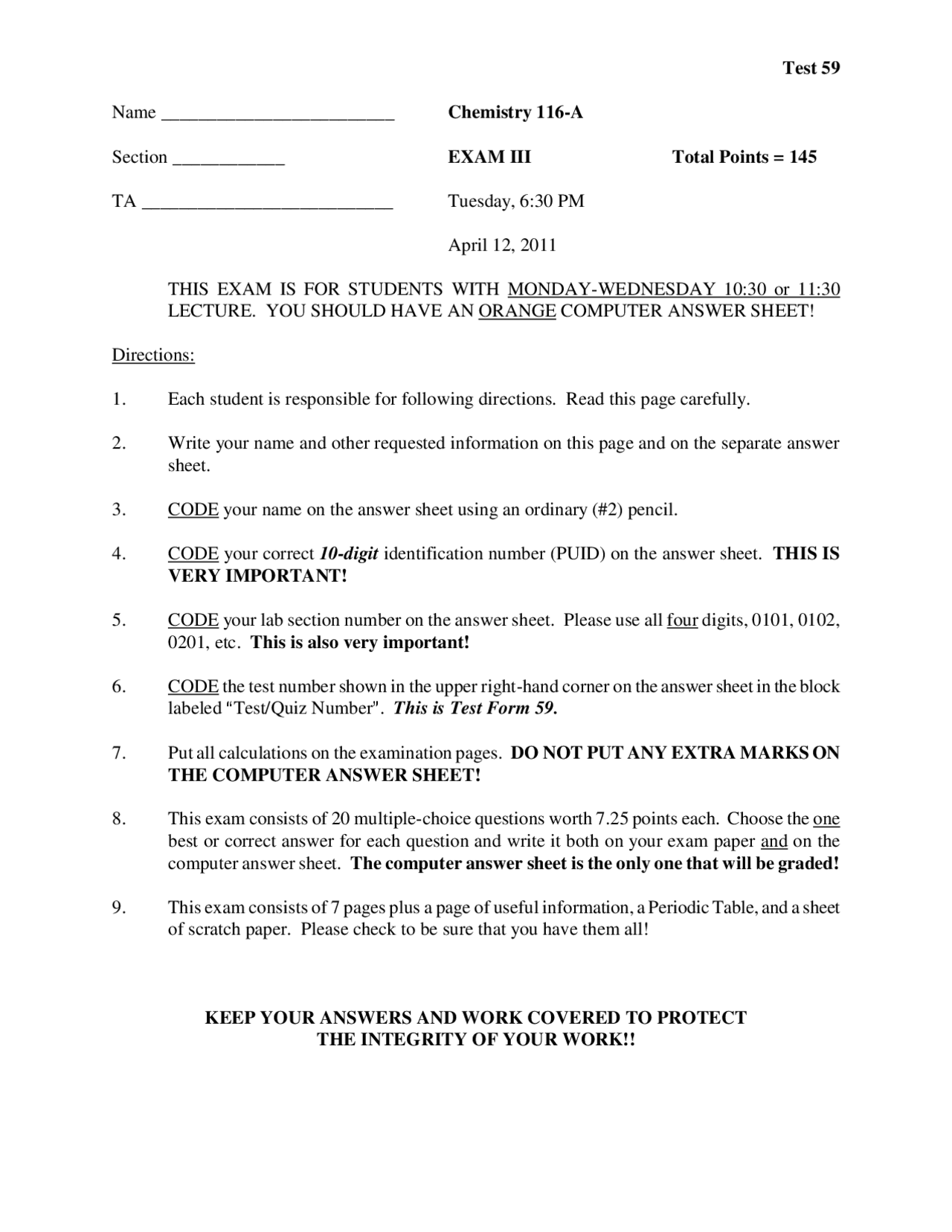 General Chemistry - Exam 3 Questions | CHM 11600 - Docsity