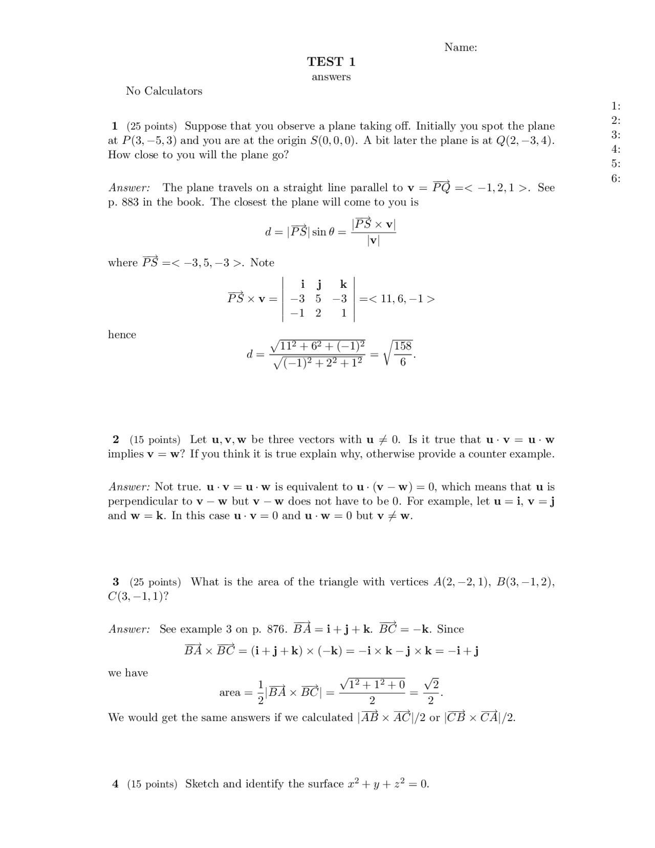 6 Solved Questions on Multivariable Calculus - Test 1 | MTH 234 - Docsity