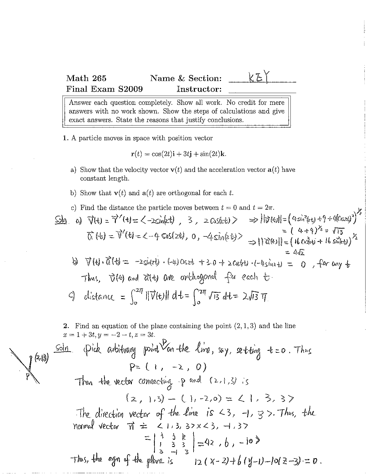 Answers Key Final Exam - Calculus II | MATH 265 - Docsity