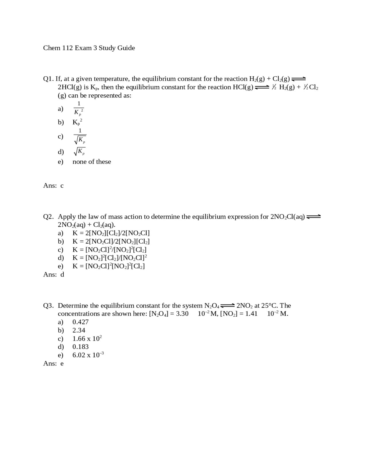 General College Chemistry I - Exam 3 Study Guide | CHEM 112 - Docsity