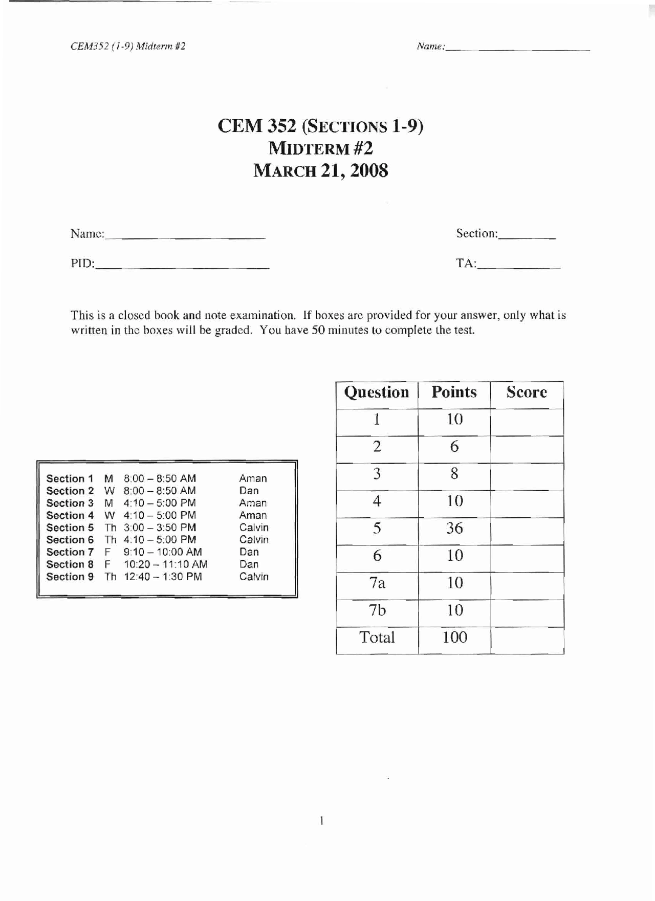 Midterm Exam 2 Questions for Organic Chemistry II | CEM 352 - Docsity