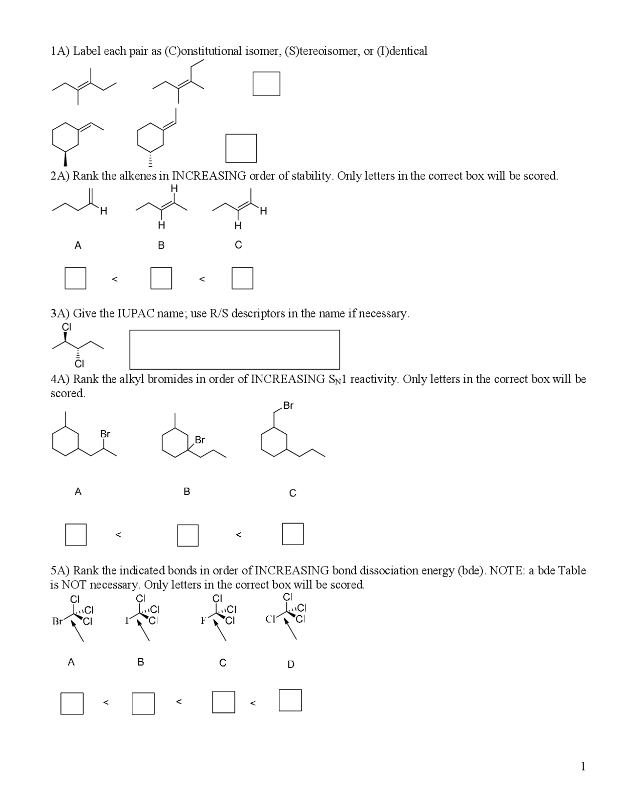 Quiz 1 Questions For To Solve Organic Chemistry I Cem 251 Docsity