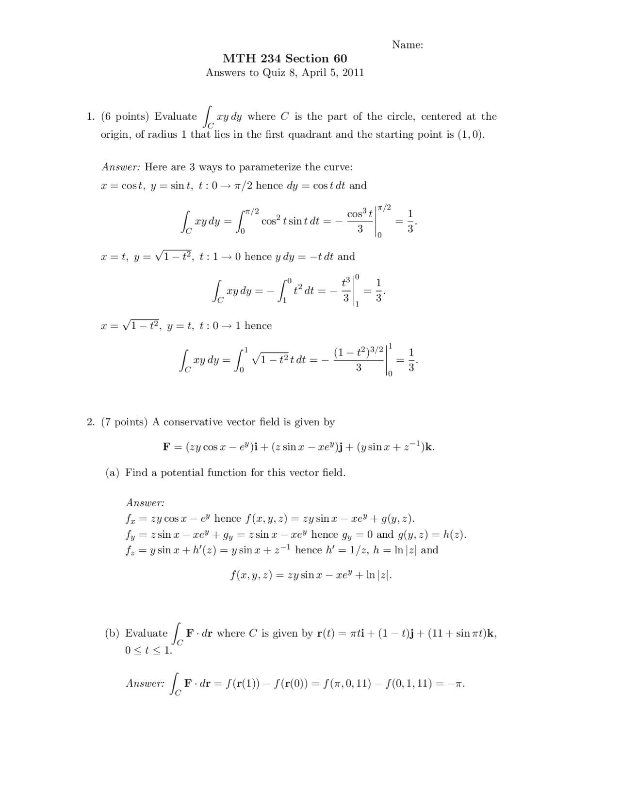 3 Ways To Parameterize The Curve Multivariable Calculus Mth 234 Docsity