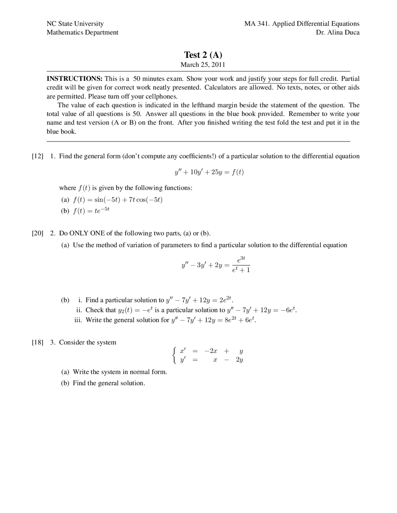 NC State University: Applied Differential Equations Exam 2 (A) - March ...