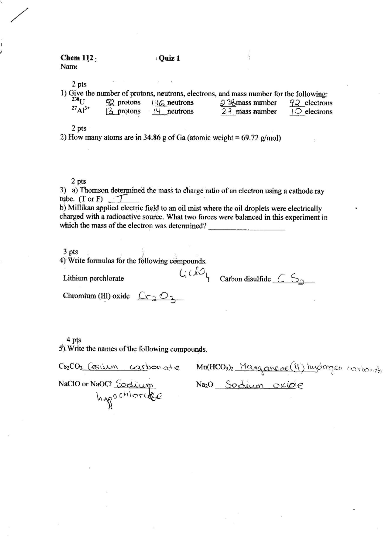 Quiz with answers to General College Chemistry I | CHEM 112 - Docsity