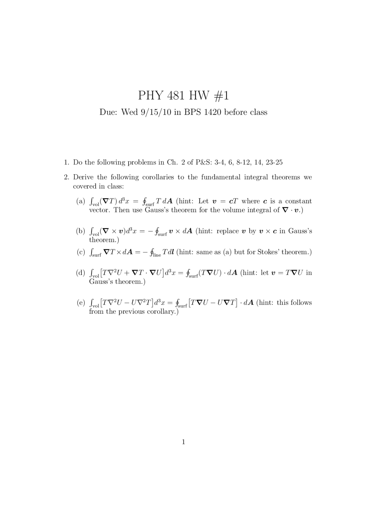 Electricity and Magnetism I - Homework 1 | PHY 481 - Docsity