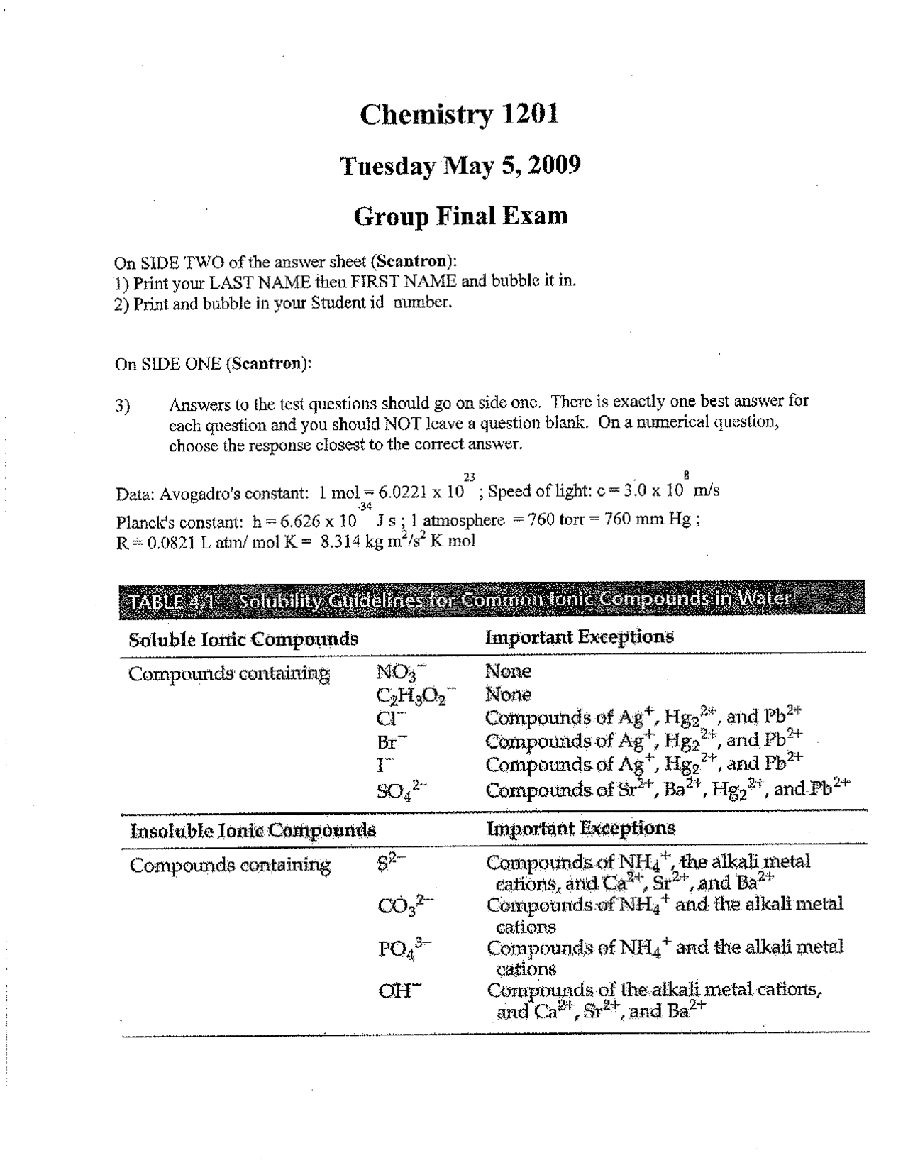 General Chemistry I - Final Exam 2009 | CHEM 1201 - Docsity