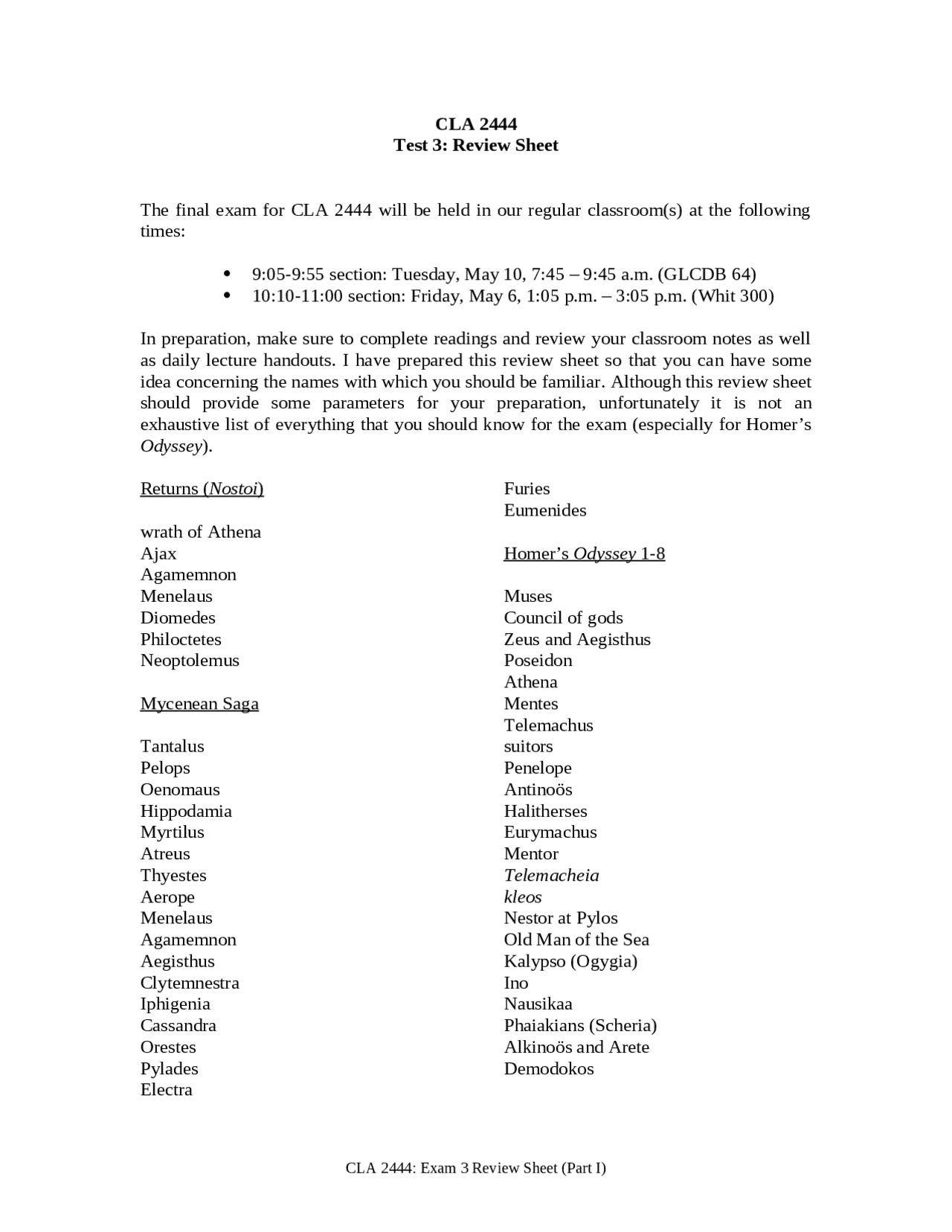 Classics Final Exam Study Guide Part I | CLA 2444 - Docsity