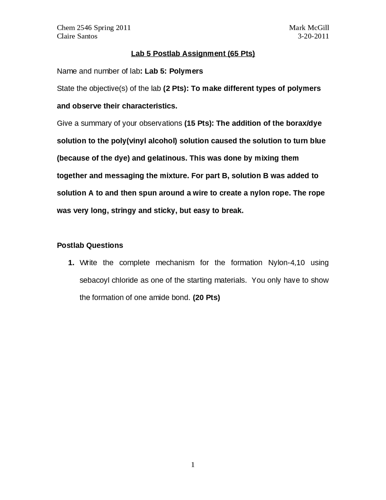 Analysis of Polymers Lab Organic Chemistry | CHEM 2546 | Study notes ...