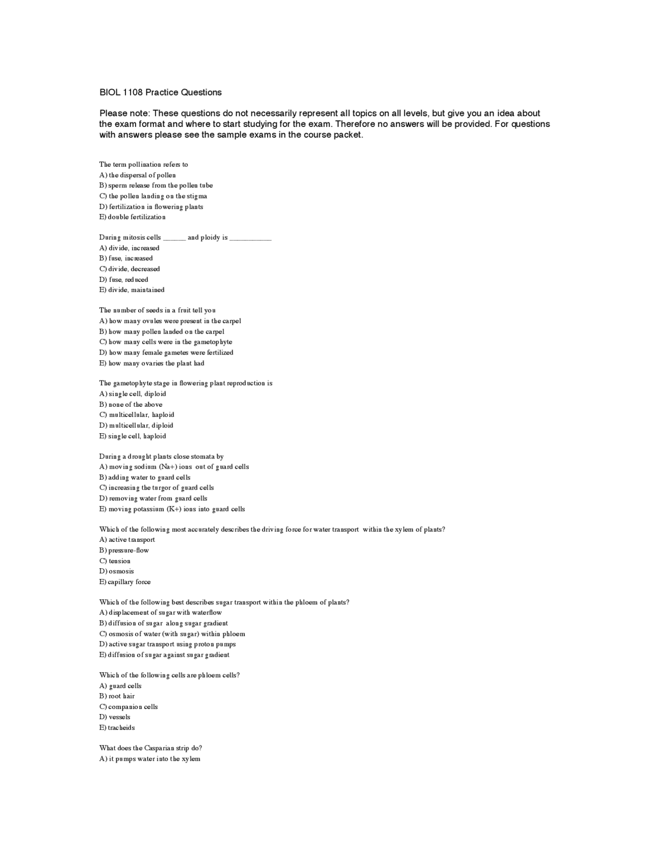 Practice Questions for Exam 2 - Principles of Biology II | BIOL 1108 ...