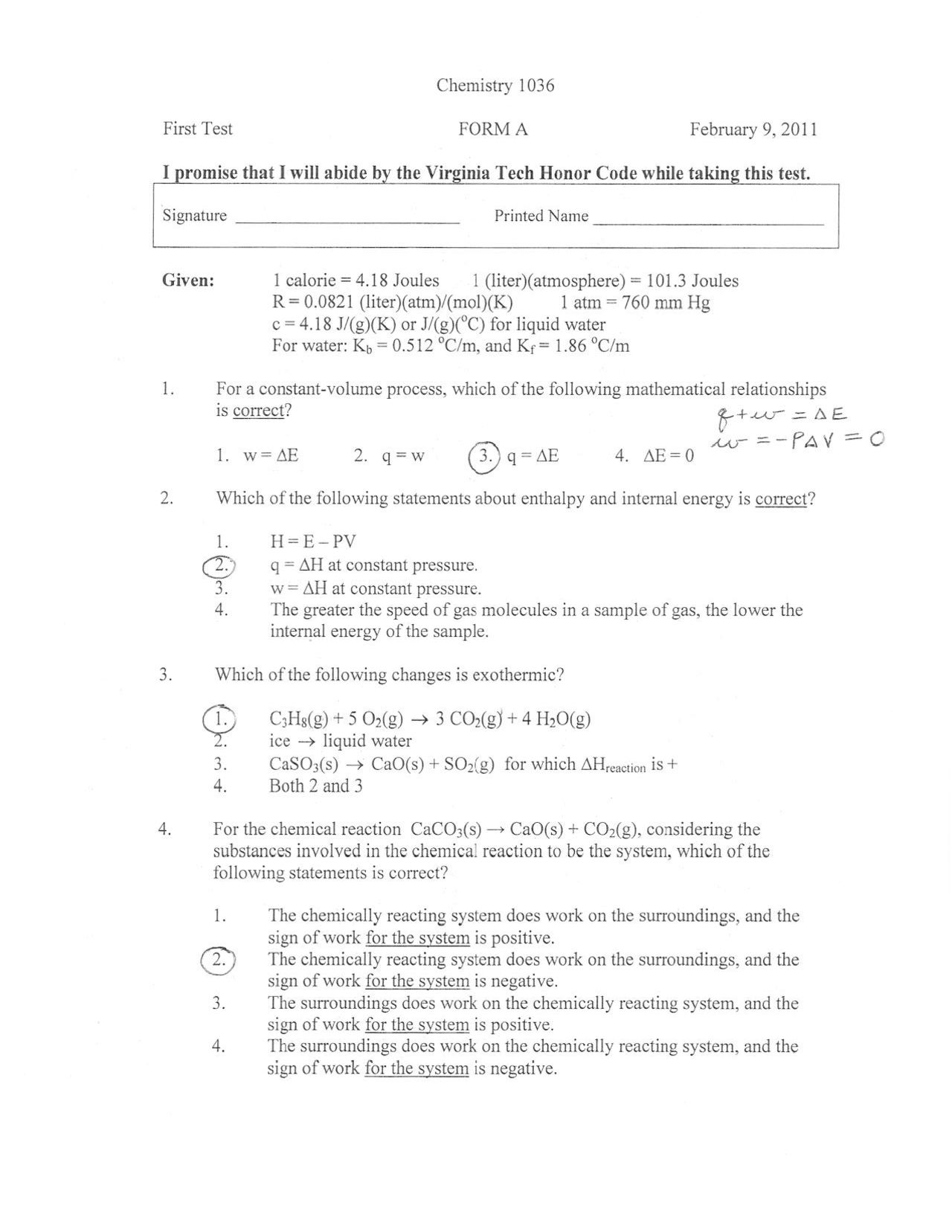 General Chemistry Solved Exam 1 Chem 1036 Docsity