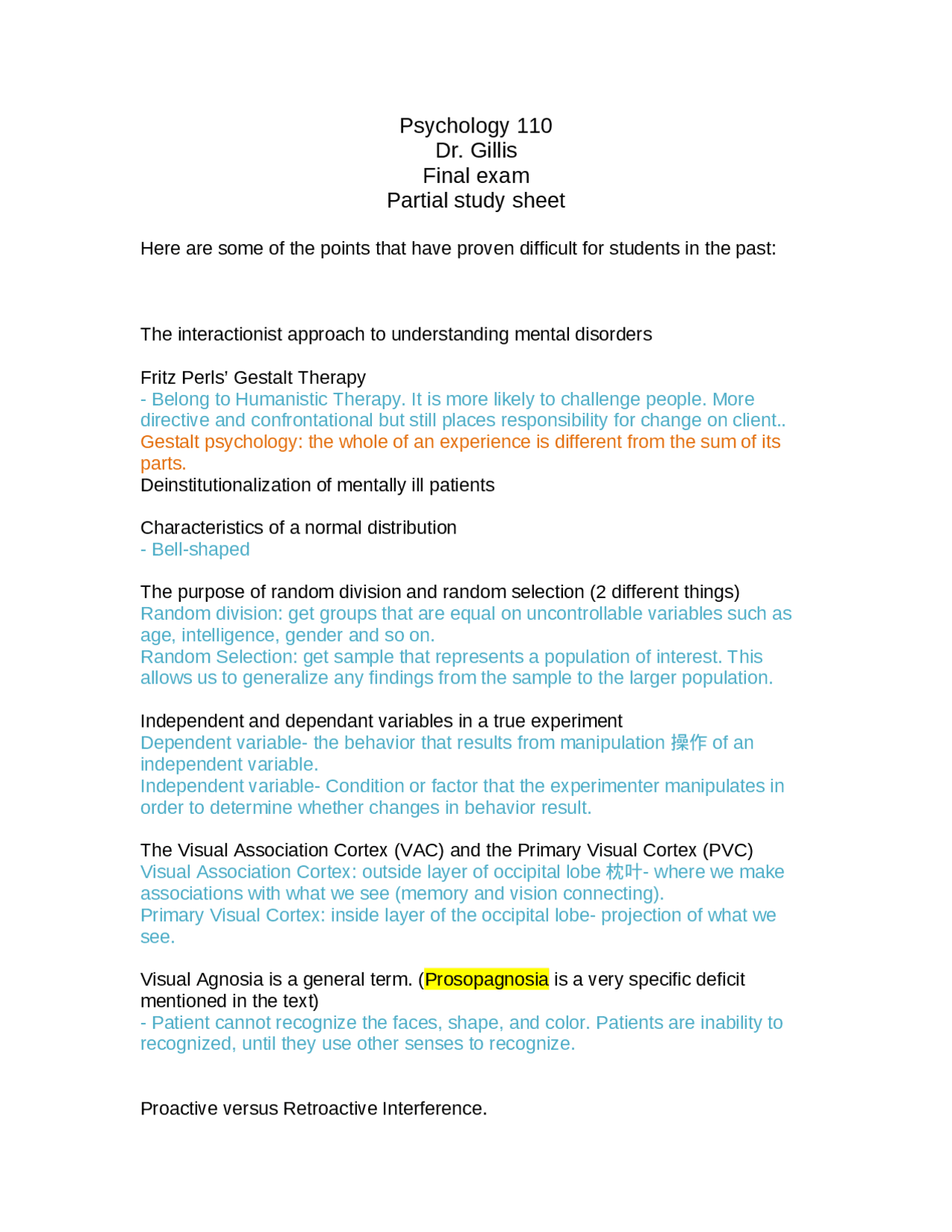 Final Exam Partial Study Sheet | Introduction to Psychology | PSY 110 ...