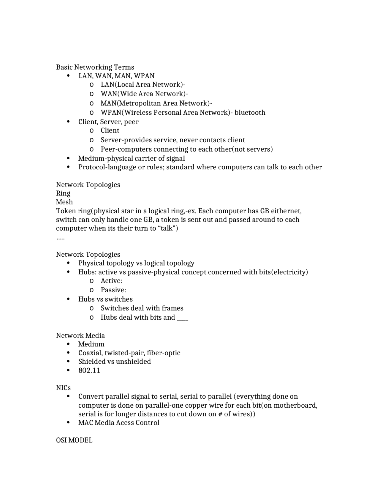 Notes on Basic Networking Terms, Networking Topologies, Network Media ...