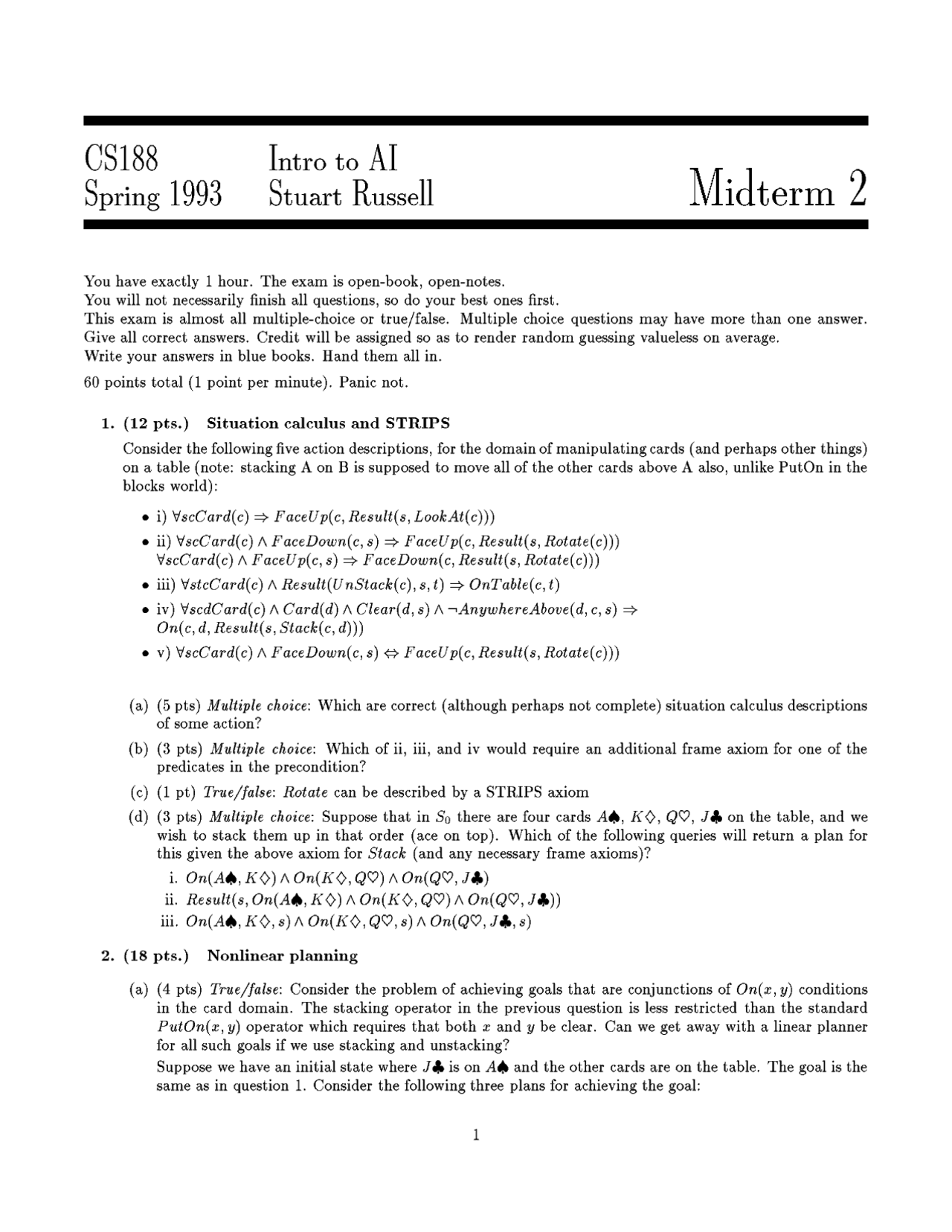 Introduction To Artificial Intelligence Midterm Exam 2 Compsci 1 Docsity