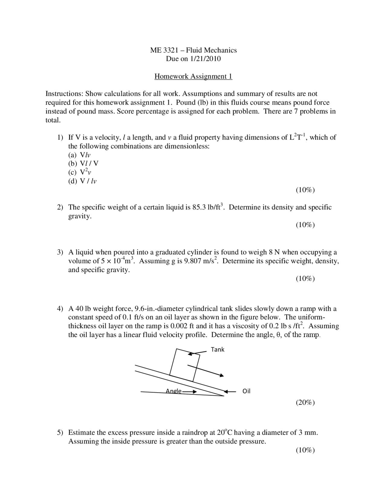 Assignment 1 Fluid Mechanics 10 Me 3321 Docsity