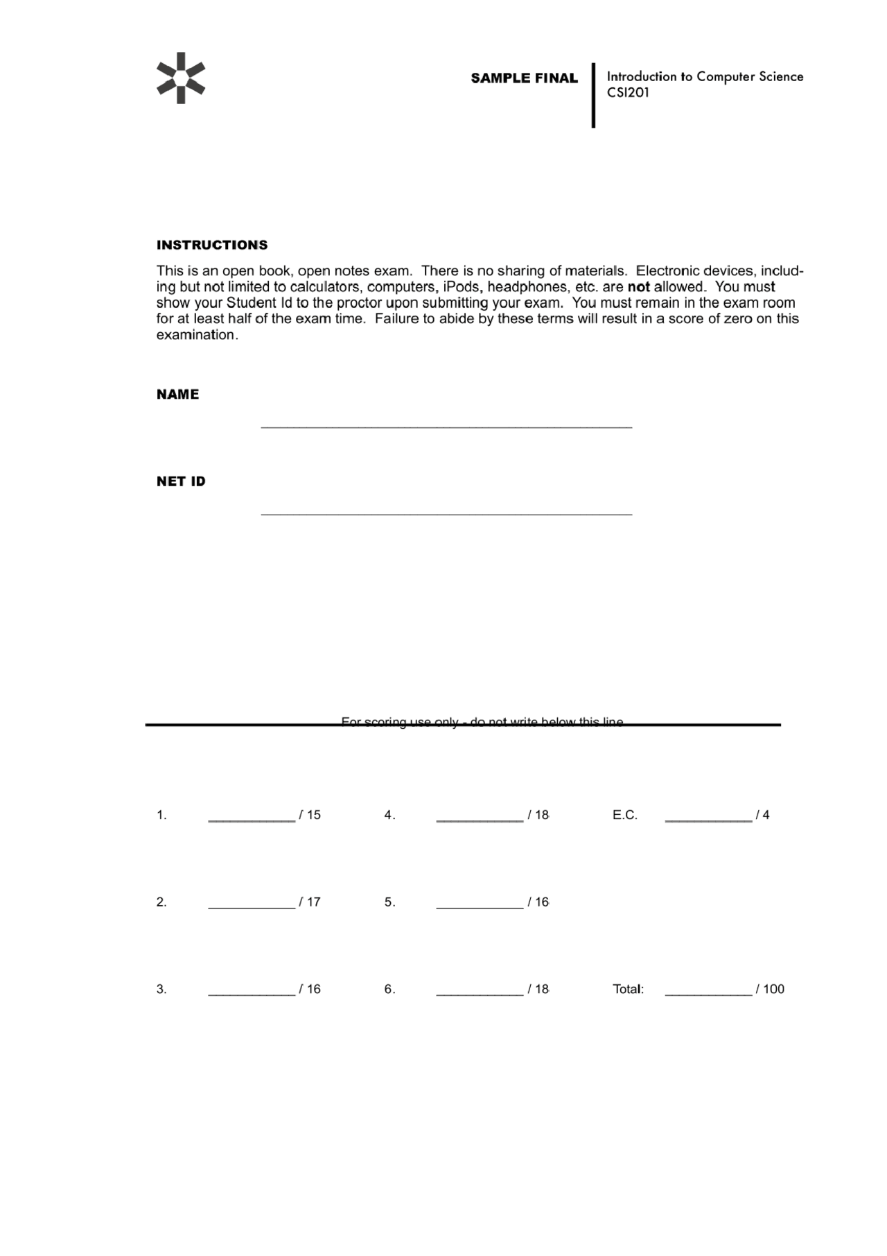 Java Programming 1 - Introduction to Computer Science - Final Exam ...