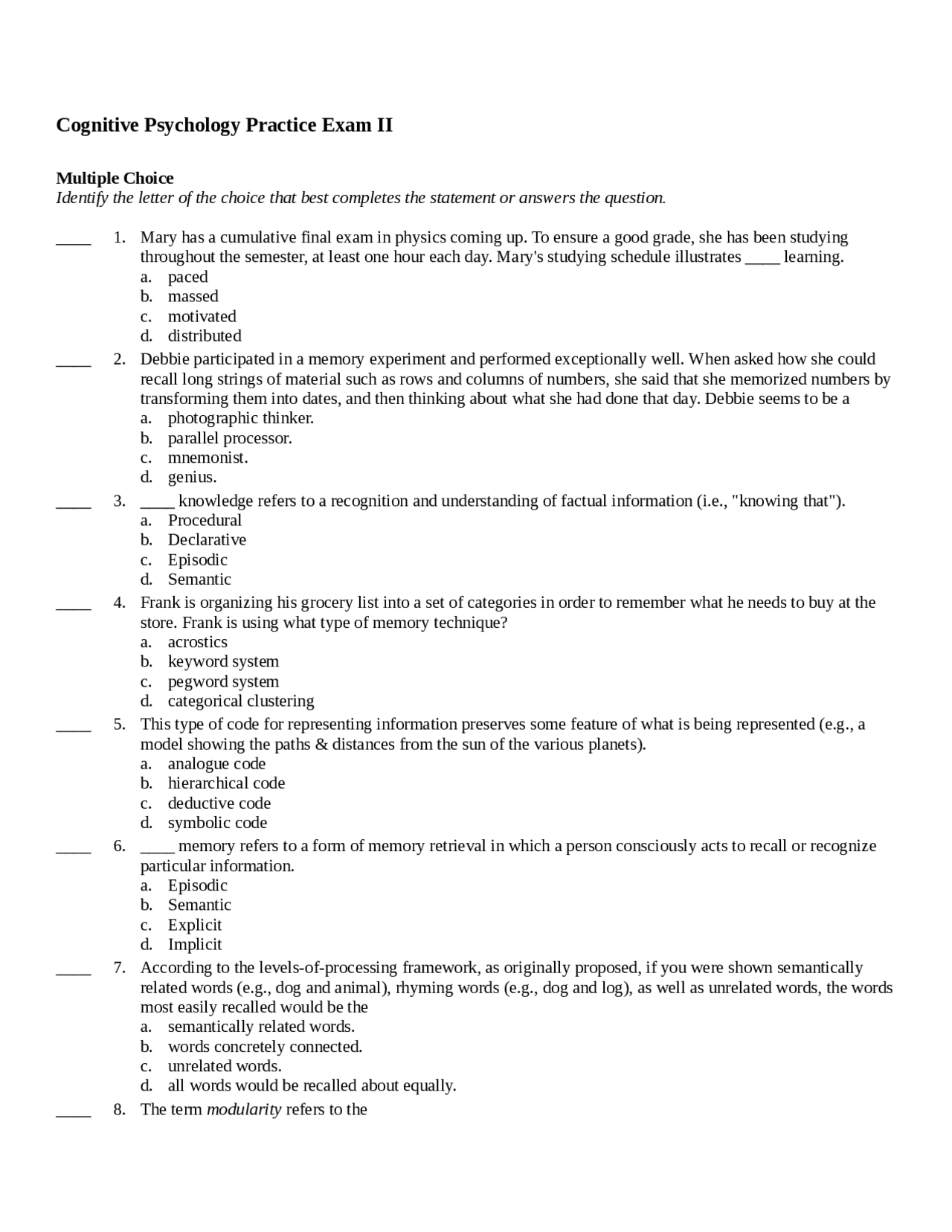 Cognitive Psychology - Practice Exam 2 | PSY 3203 - Docsity